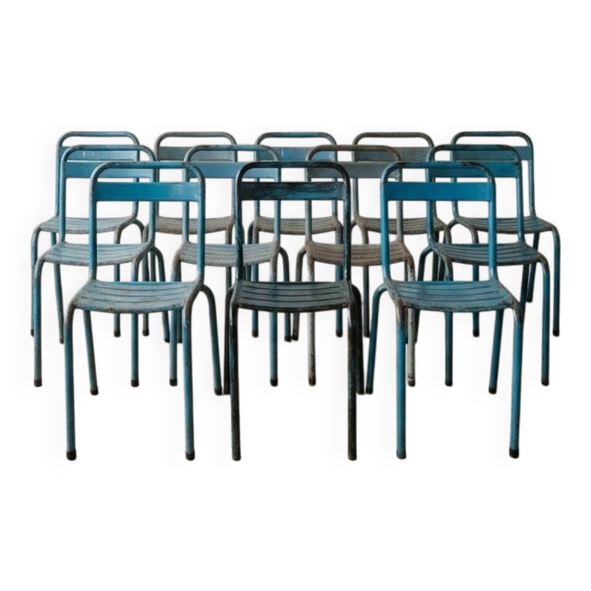 Set of 15 vintage industrial metal chairs from the 1950s.
