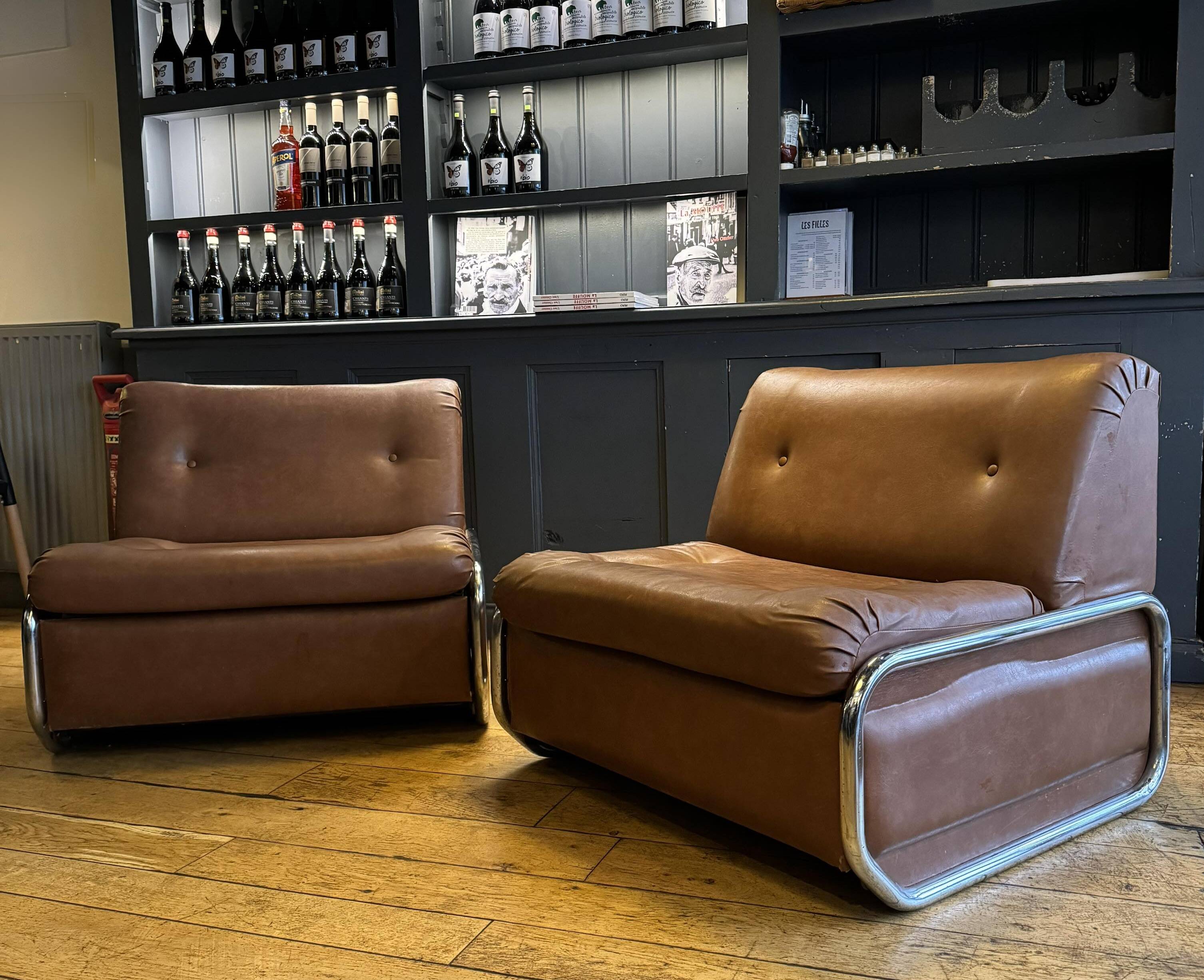 Pair of vintage low chairs, chrome and brown, France 1970