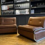 Pair of vintage low chairs, chrome and brown, France 1970