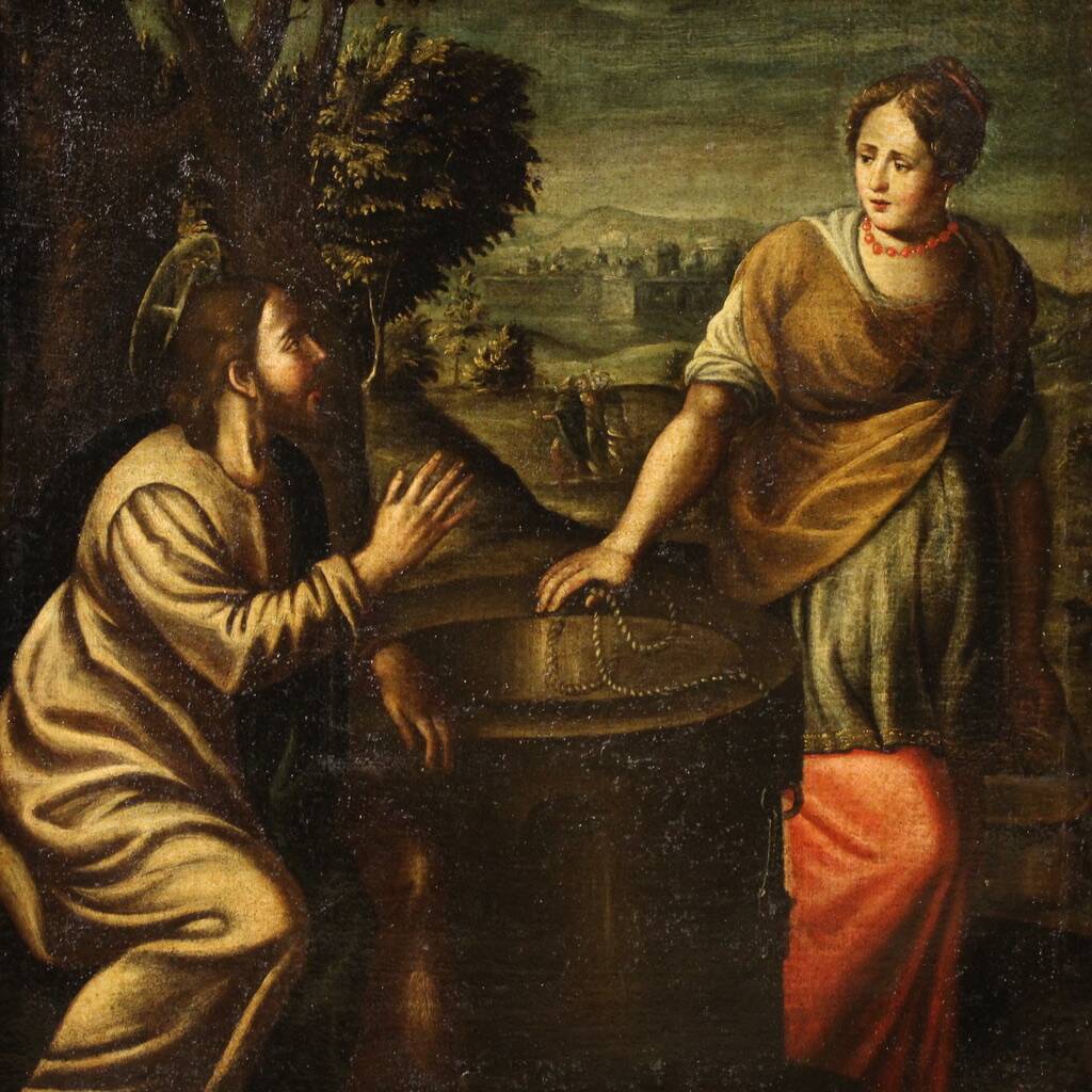 Peinture italienne antique Le Christ et la Samaritaine au puits