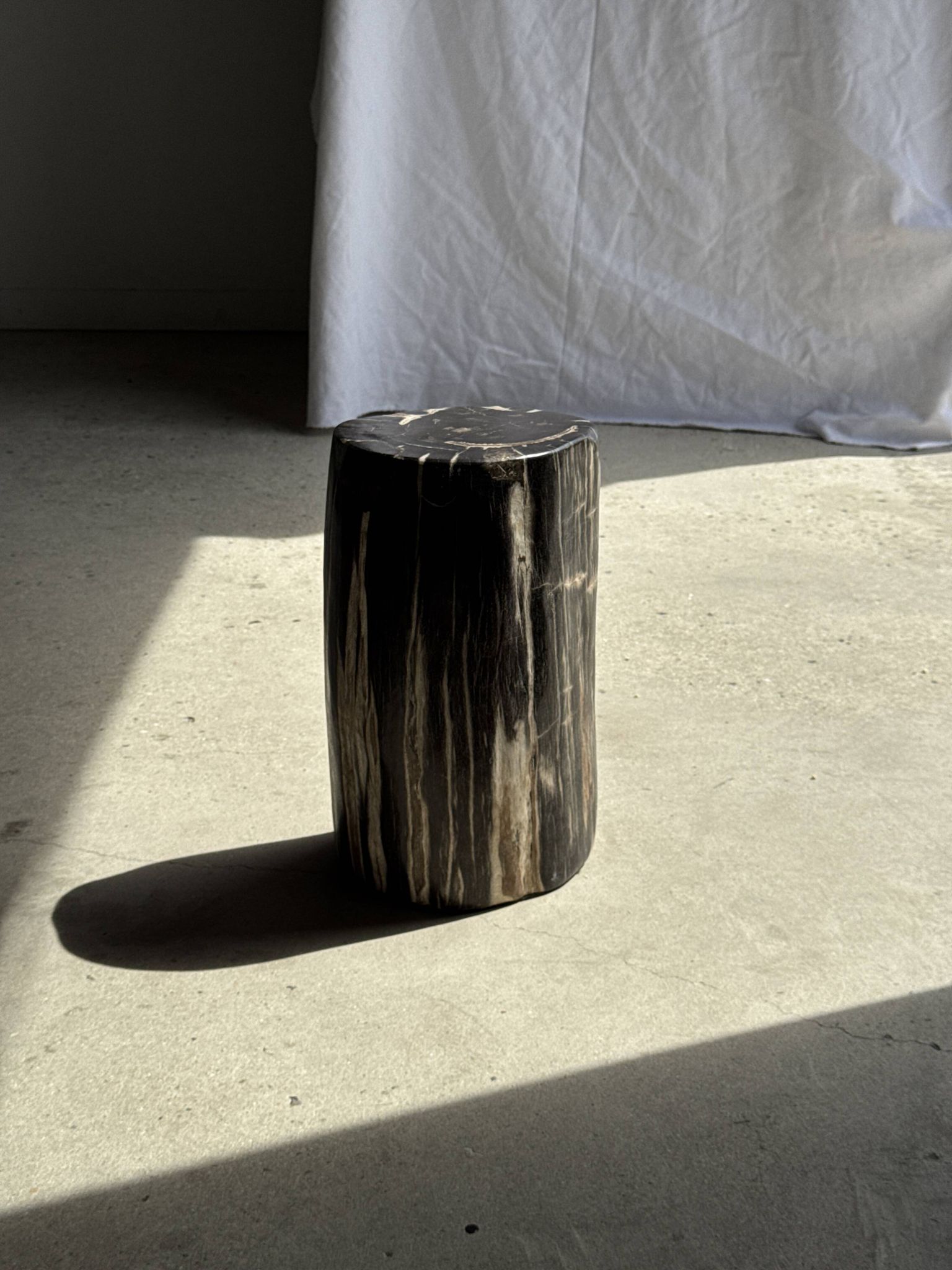 Black petrified wood side table with white and beige stripes H40 D23 - 3