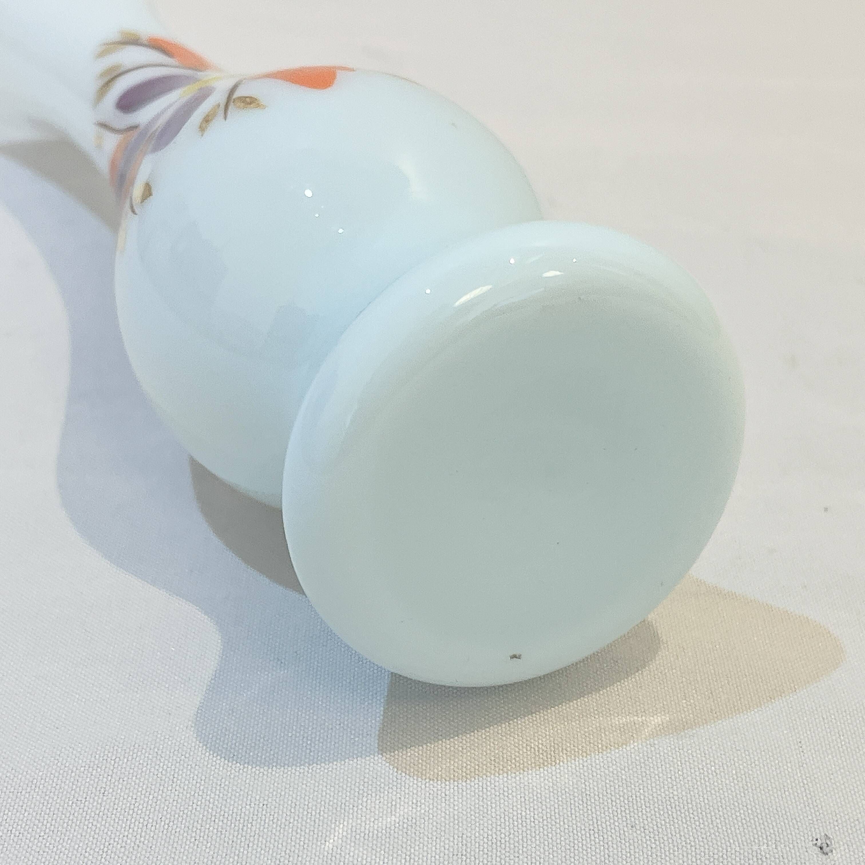 Opaline glass vase with white and blue opaline glass and orange flower pattern, vintage 60s