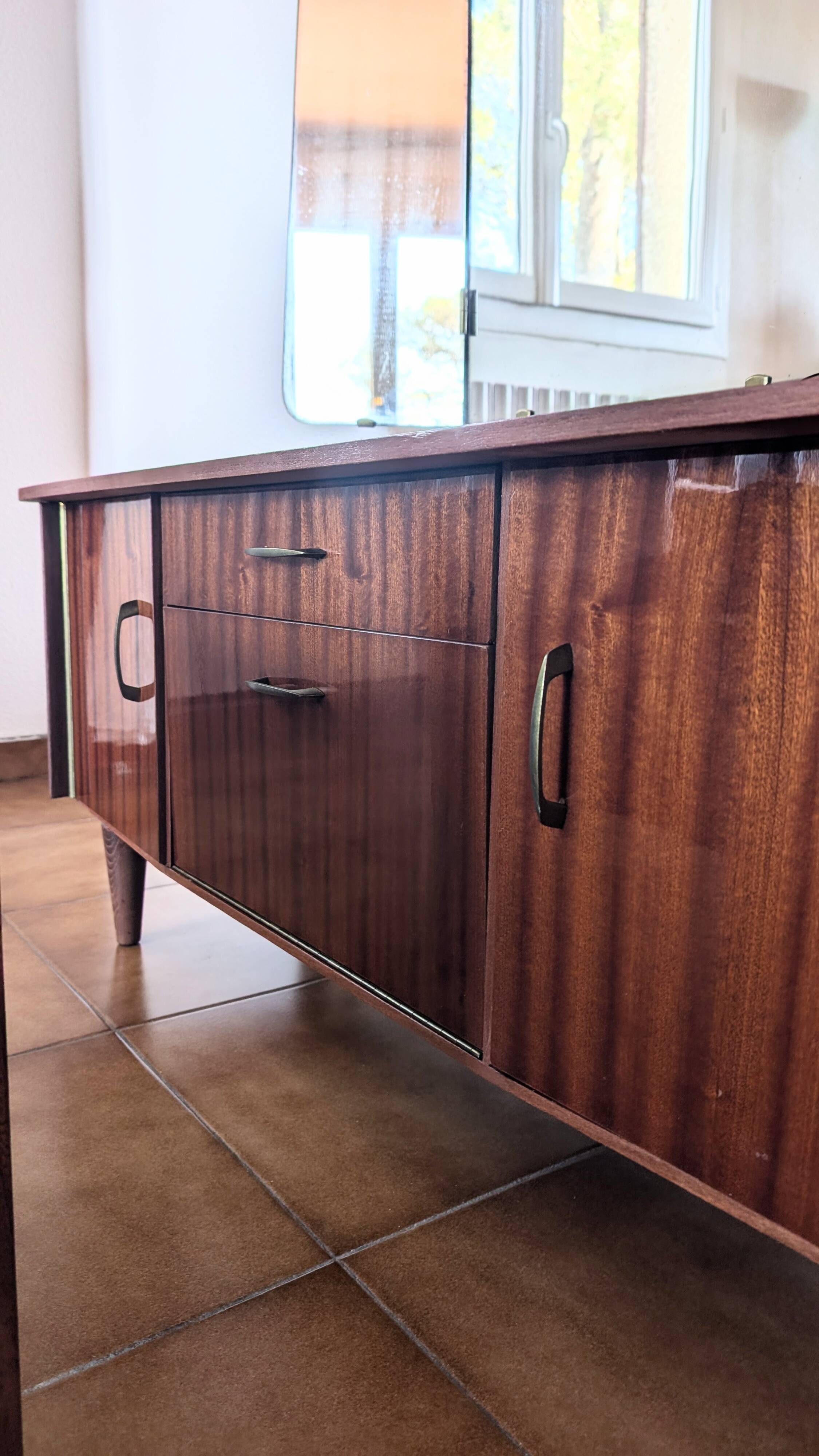 Vintage 70s dressing table with triptych mirror and matching bench.