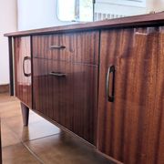 Coiffeuse vintage années 70 avec miroir triptyque & banc assorti