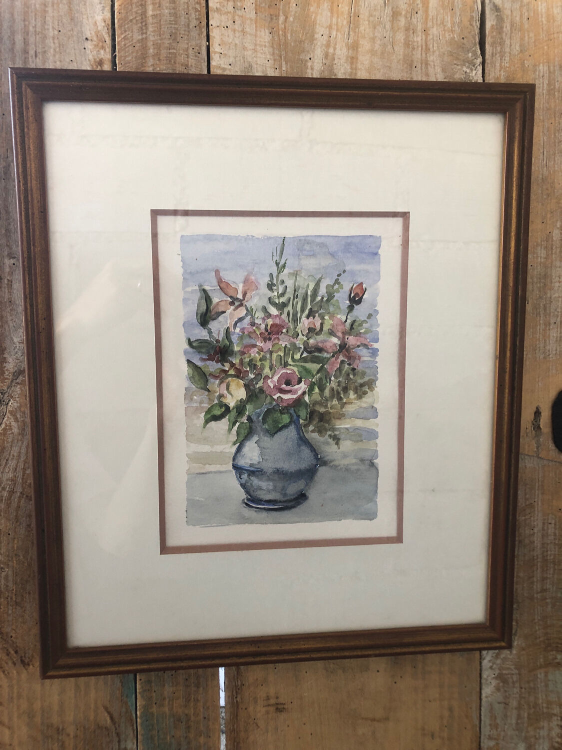 Original watercolor painting monfranc bouquet of flowers + gilded wood frame #a222