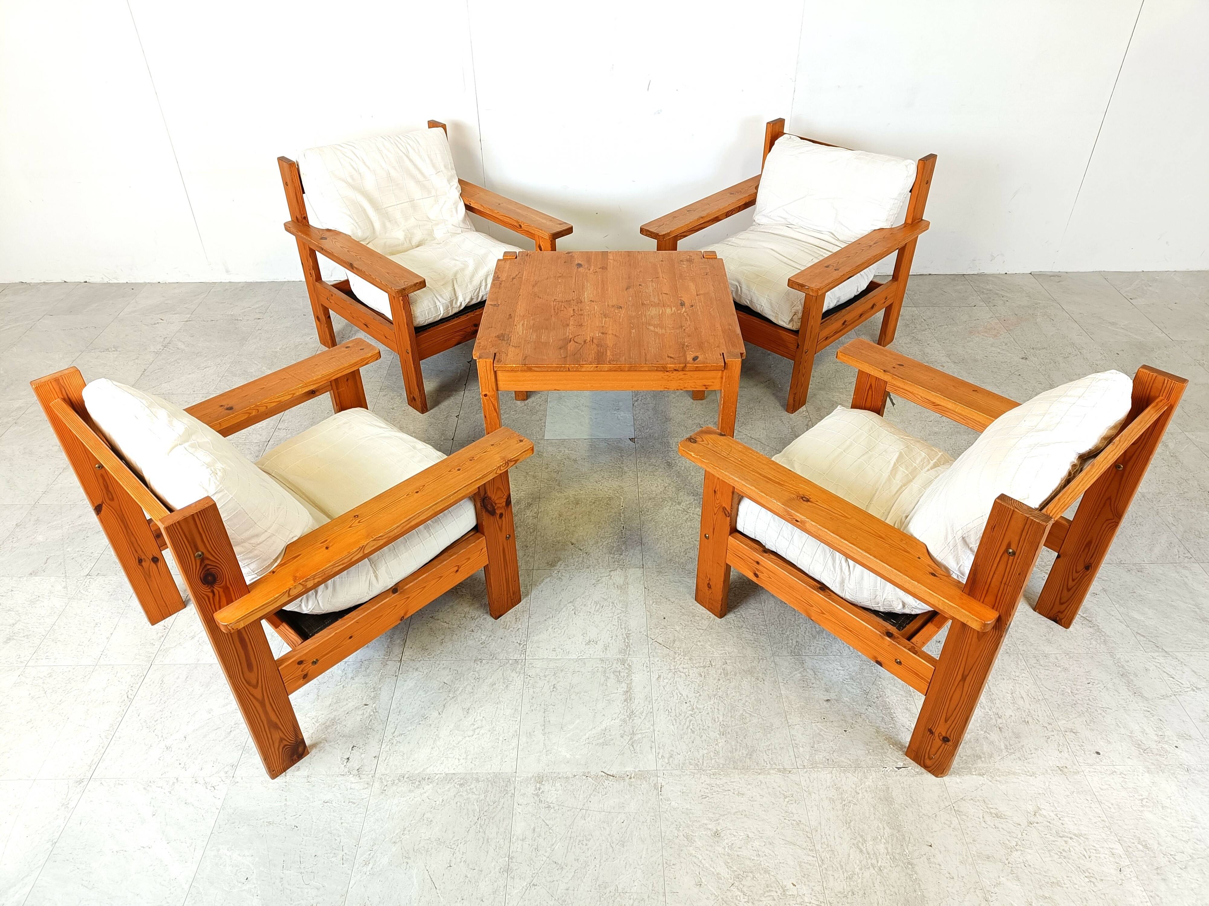 Vintage pine wood armchair set, 1980s