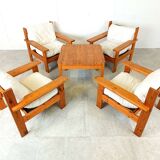 Vintage pine wood armchair set, 1980s