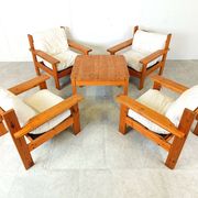 Vintage pine wood armchair set, 1980s