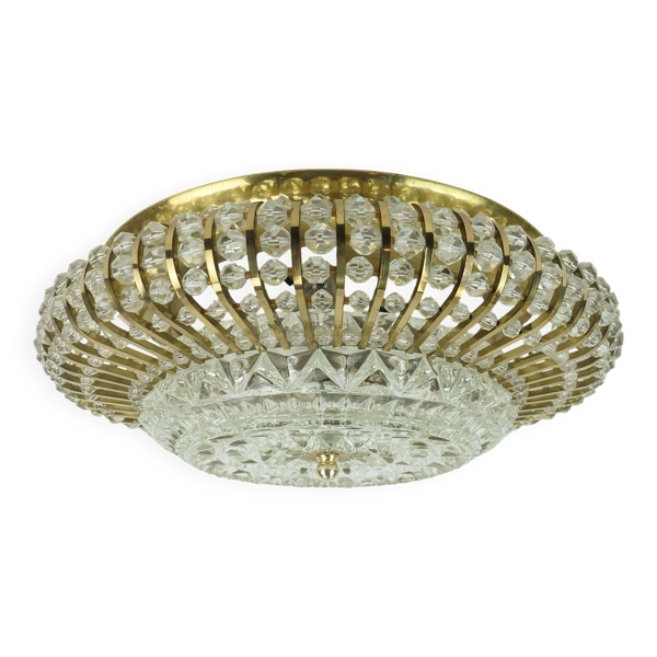 lampe de plafond glamour des années 1960, luminaire en laiton et en verre