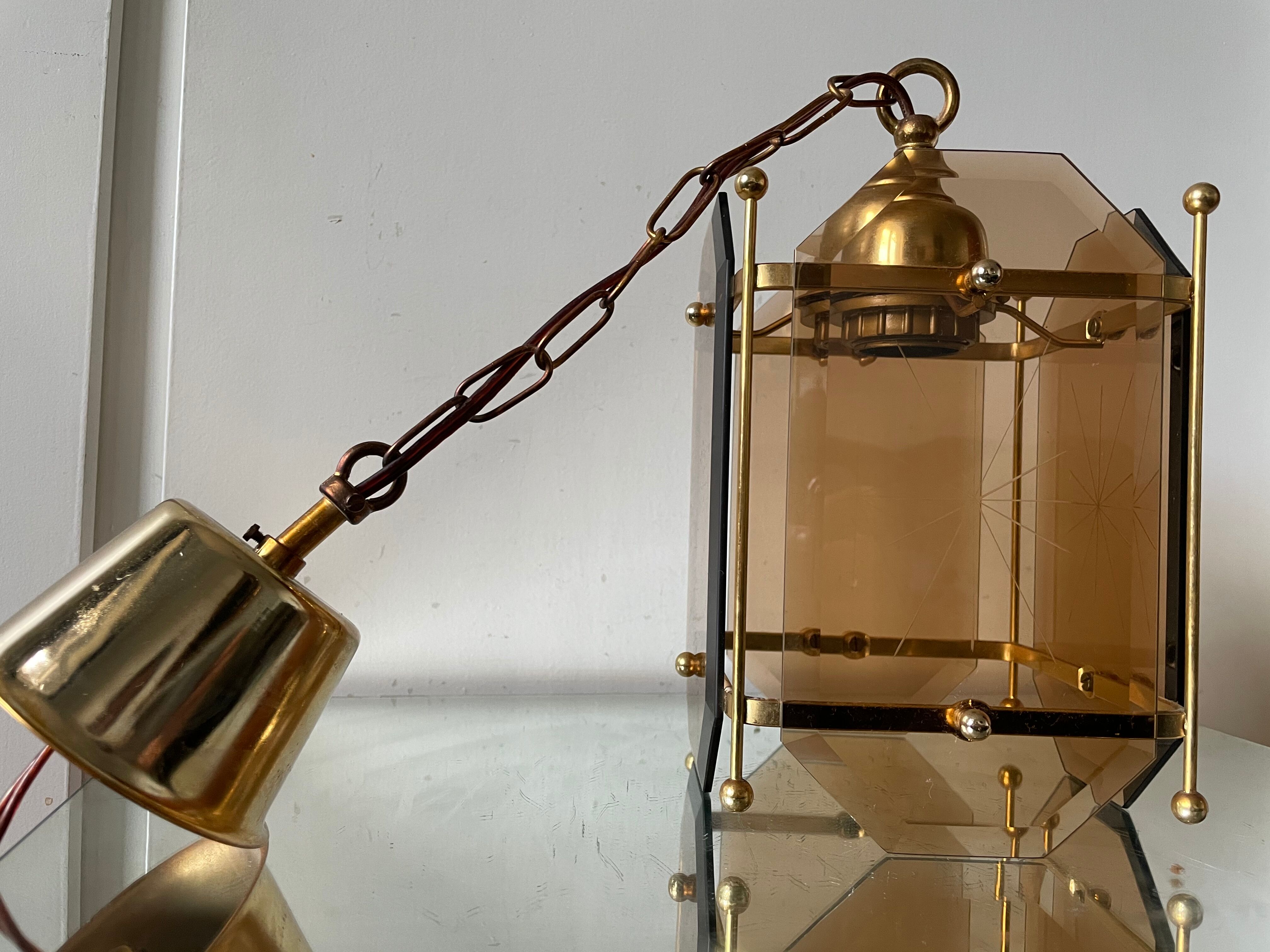 Scandinavian vintage lamp in brass & amber colored glass