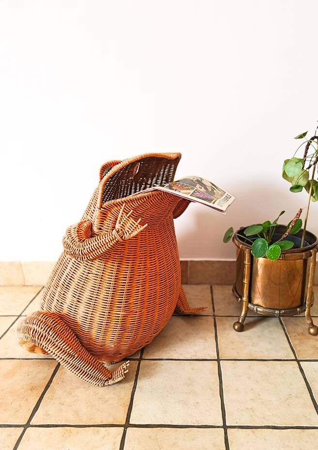 Vintage frog magazine rack in woven wicker design by Olivier Cajan