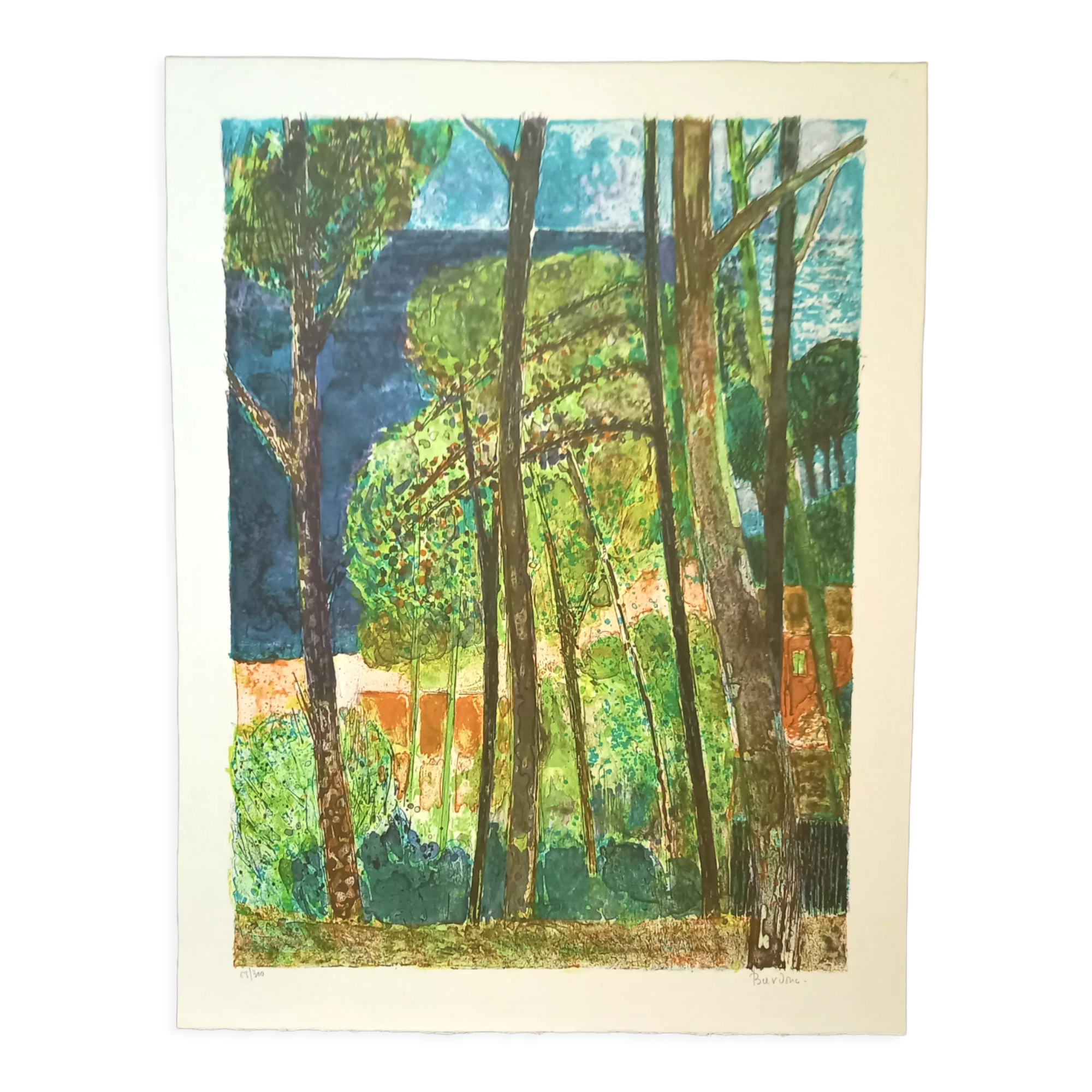 Lithograph by Guy Bardone, "Grands pins à Piquey", Arcachon, Cap Ferret, 1966