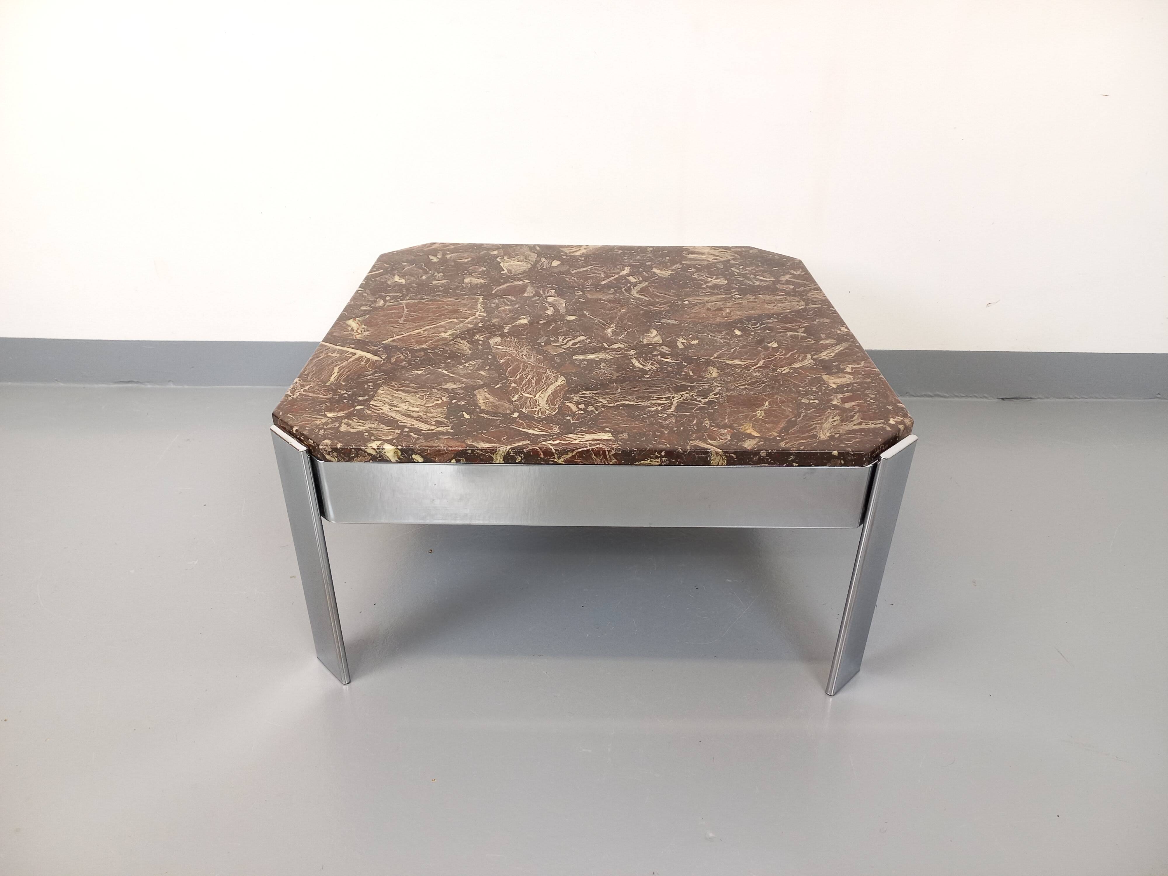 Vintage square coffee table in marble and chrome metal from the 70s