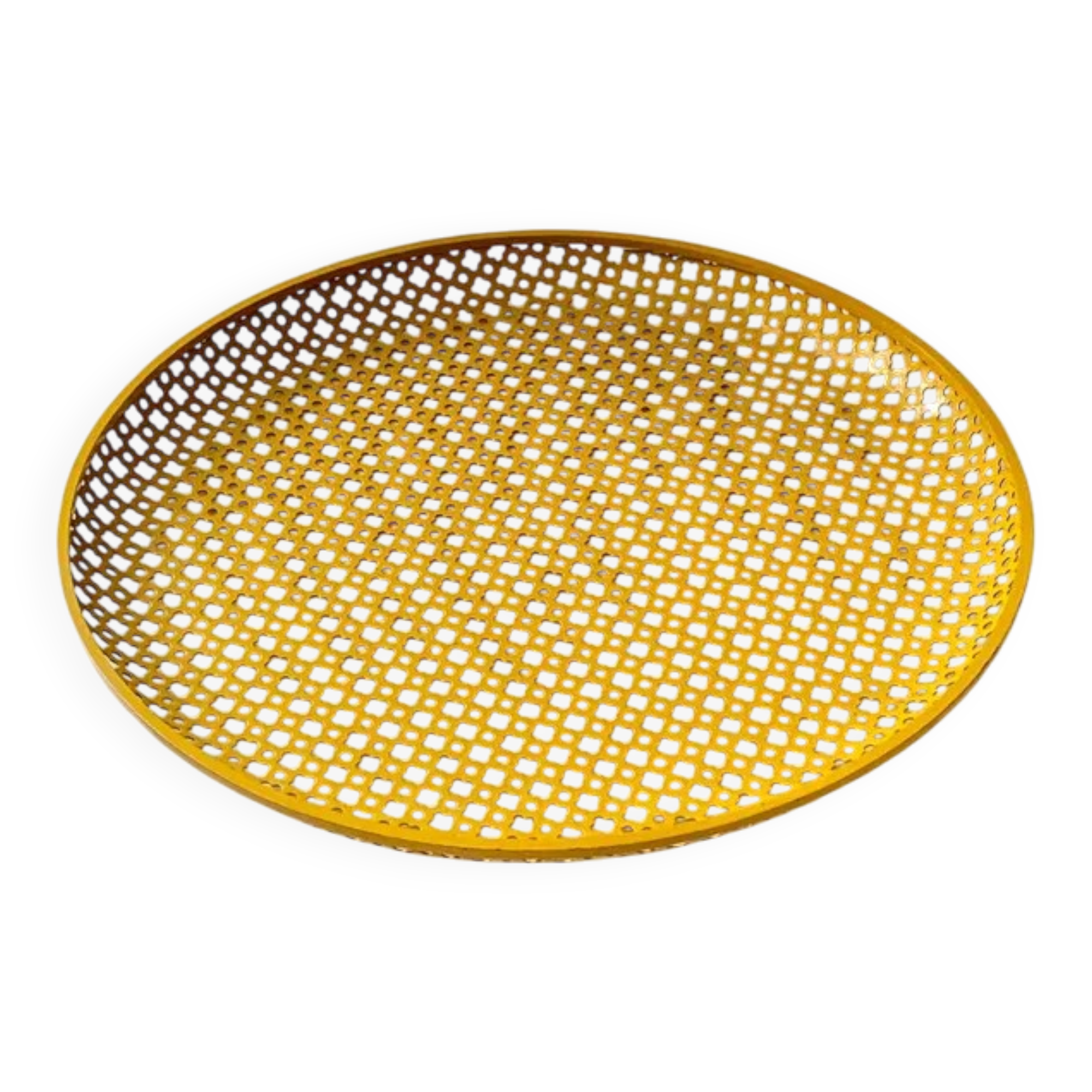 Mathieu Matégot round perforated metal tray, yellow, France 1950s