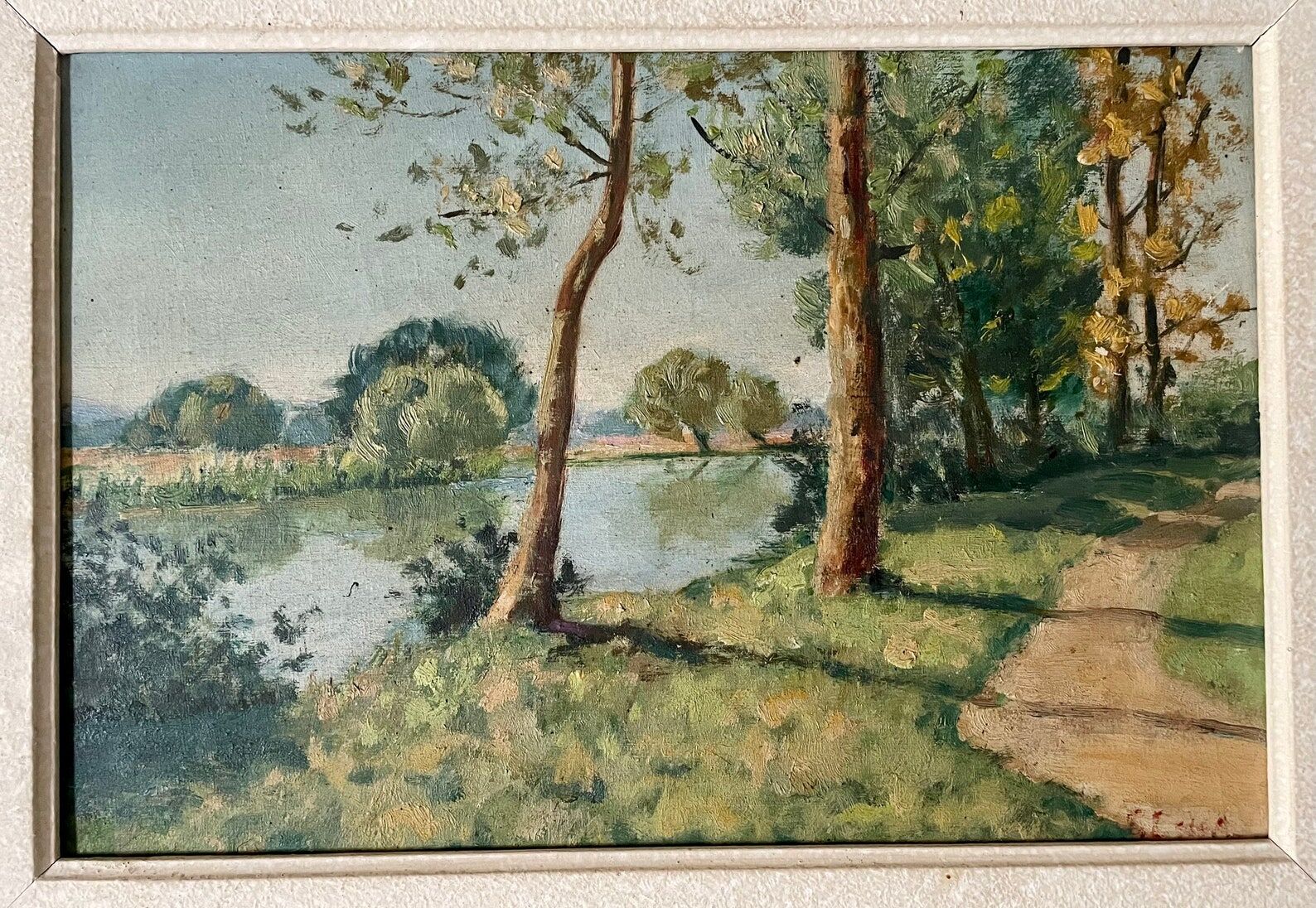 1940s French Landscape oil painting on canvas River, trees and path