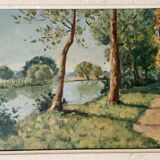 1940s French Landscape oil painting on canvas River, trees and path