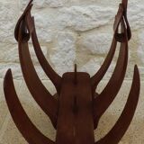 Unique piece of a magazine rack or log rack in solid oak pegged with leather handle