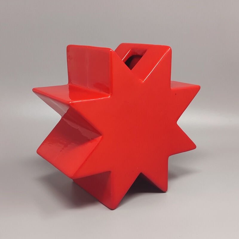 1980s red vase "hsing" by ettore sottsass. made in italy
