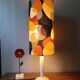 vintage lamp with a white wooden base, multicoloured sixties lampshade