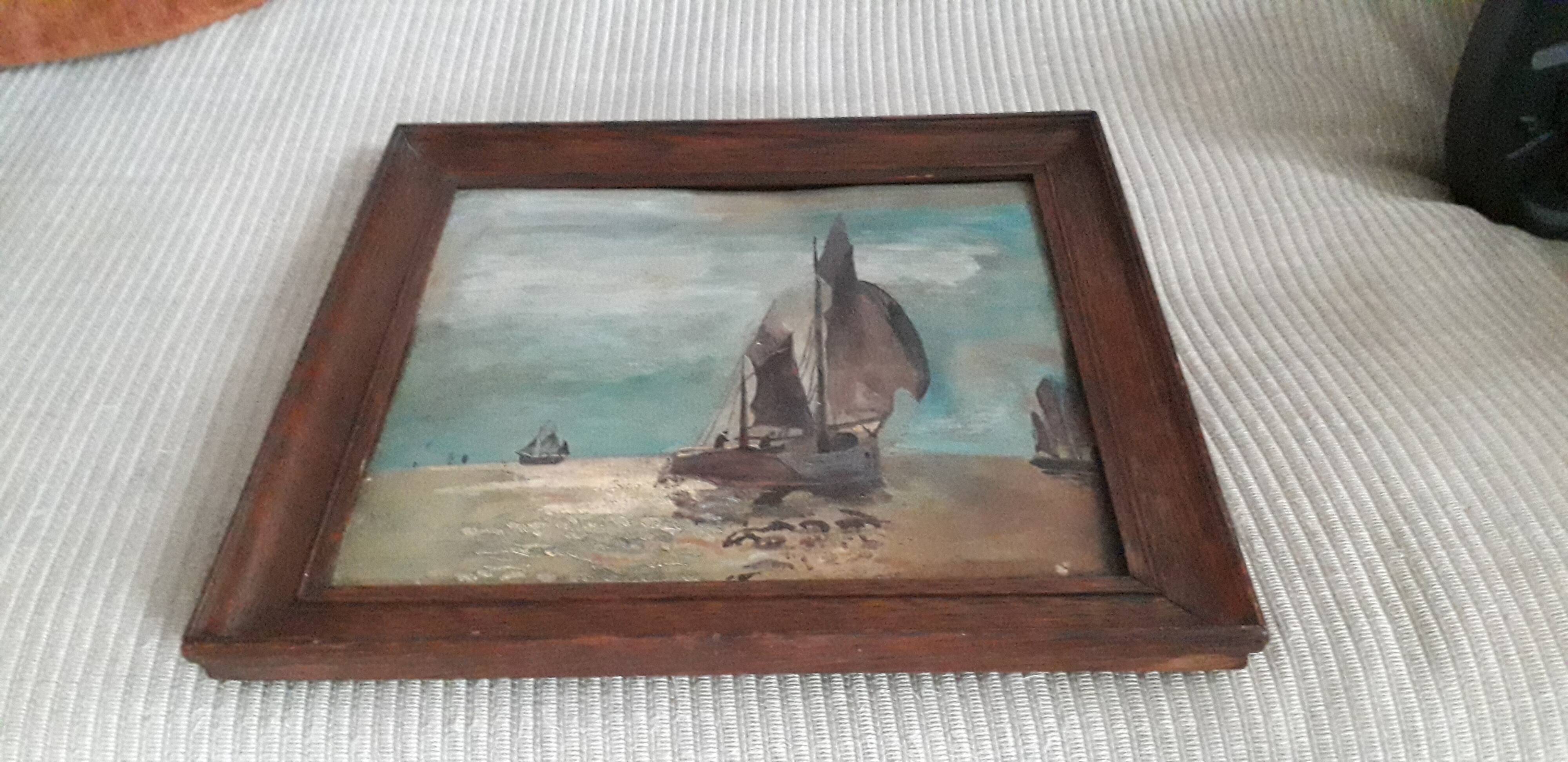 Old oil painting depicting a marine scene