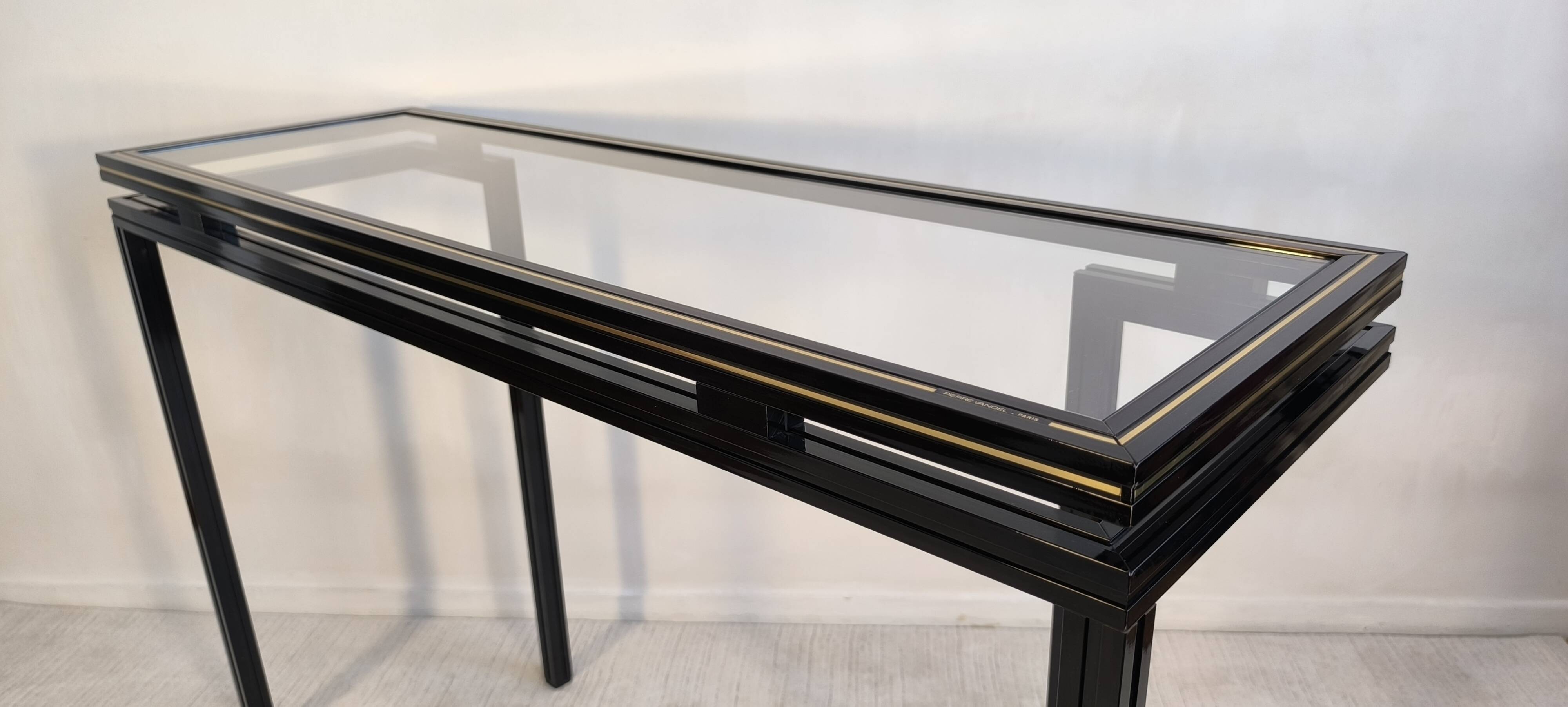 Magnificent console design by Pierre Vandel Paris 1970s black lacquered.