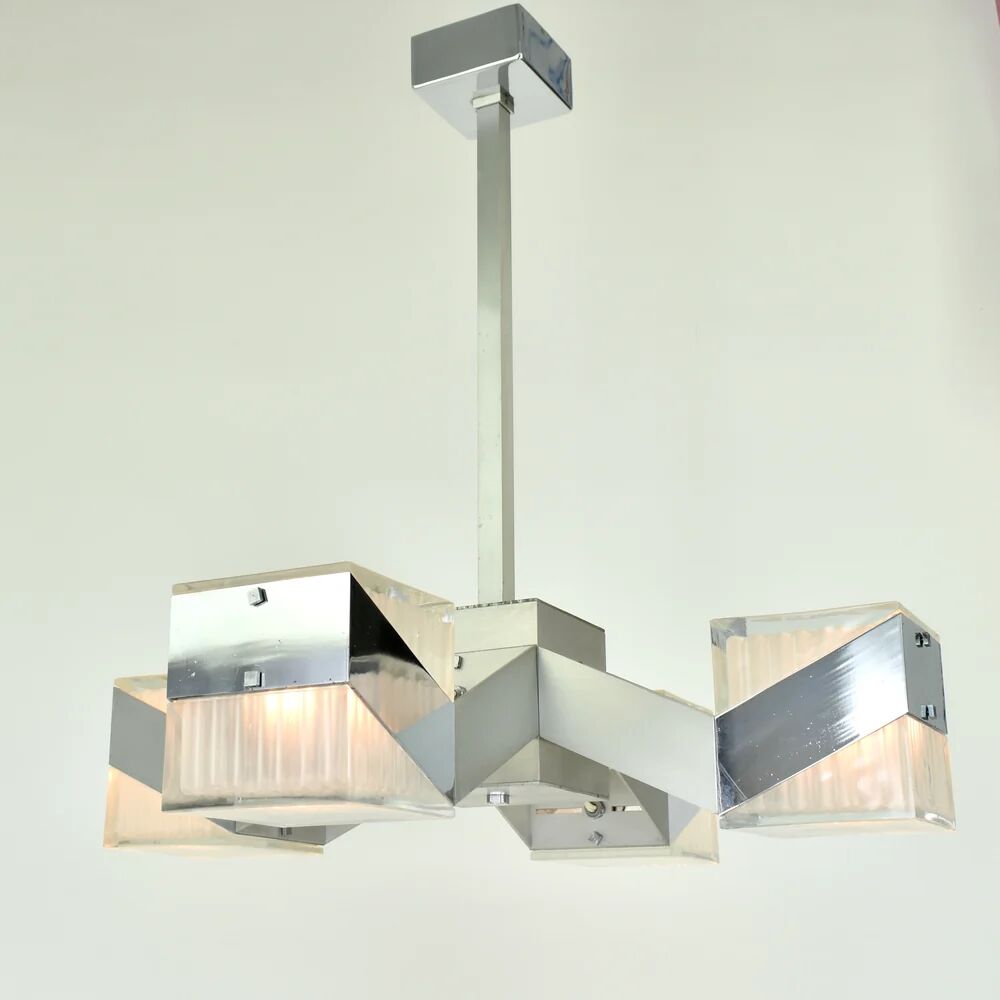 1970s Cubist Chandelier Chrome Glass Mid Century Modern