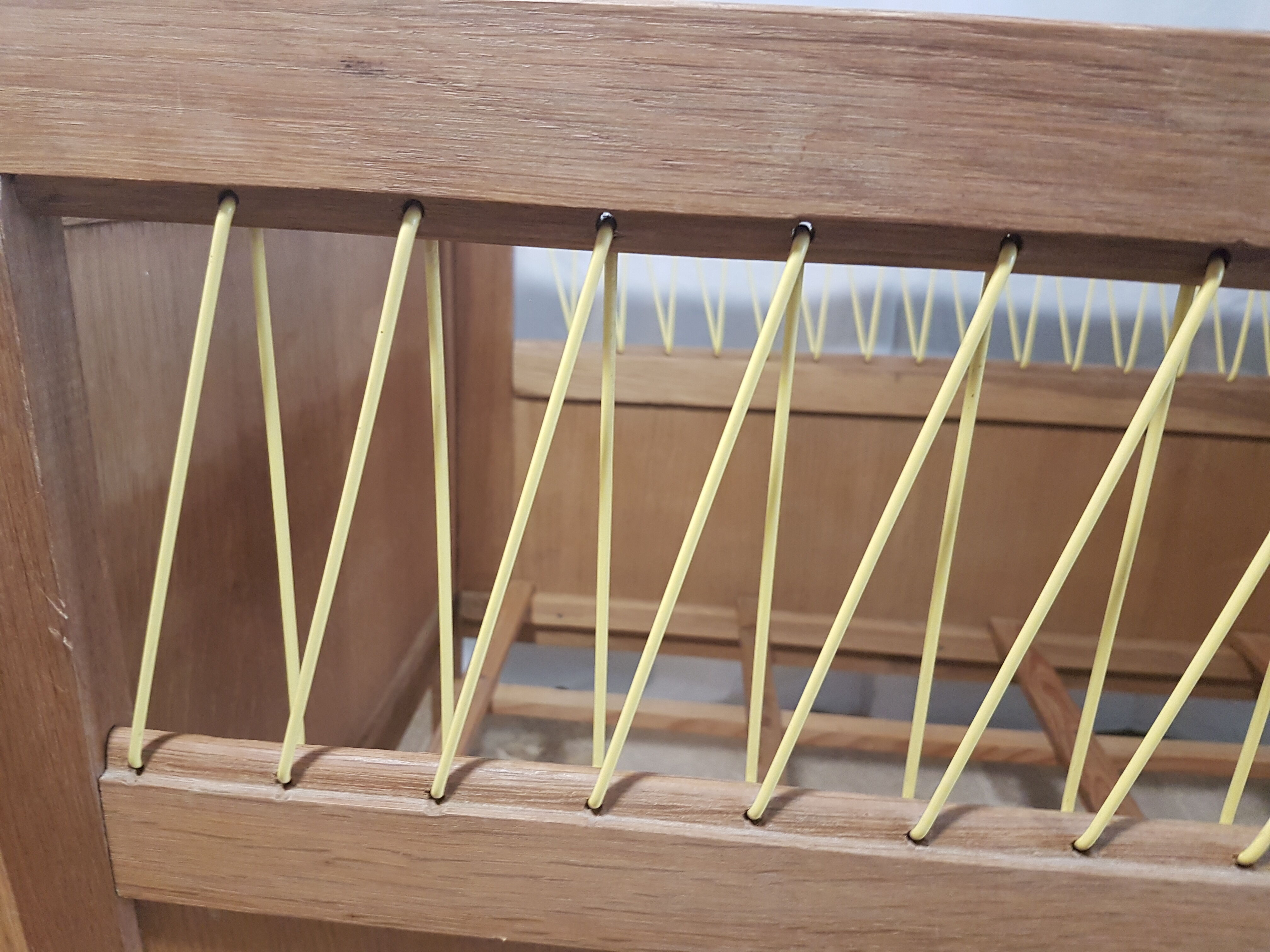 Children's bed made of wood and yellow scoubidou, 1950s.