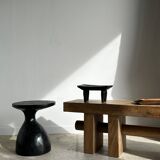 Solid wood bench with openwork base crossed by a cylinder - Mango wood