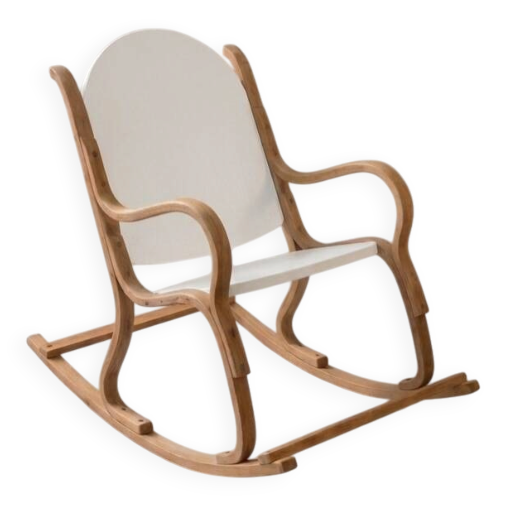 Handcrafted rocking chair in curved wood with a white seat.
