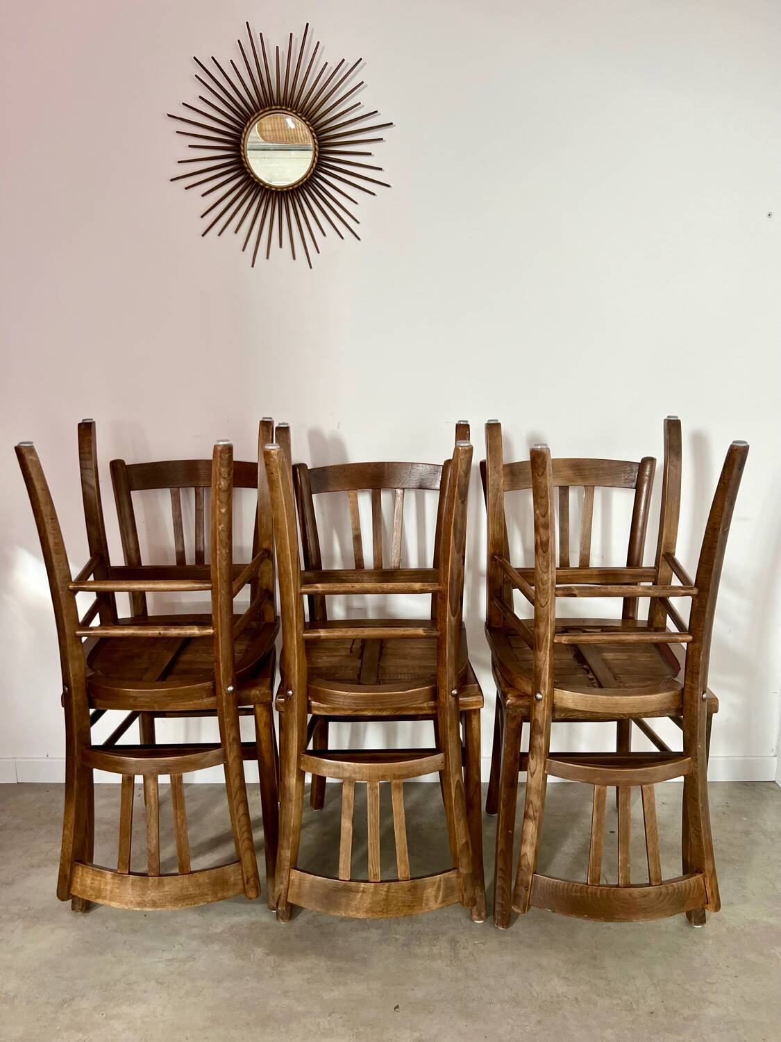 Lot de 6 anciennes chaises vintage bistrot des années 50 en bois