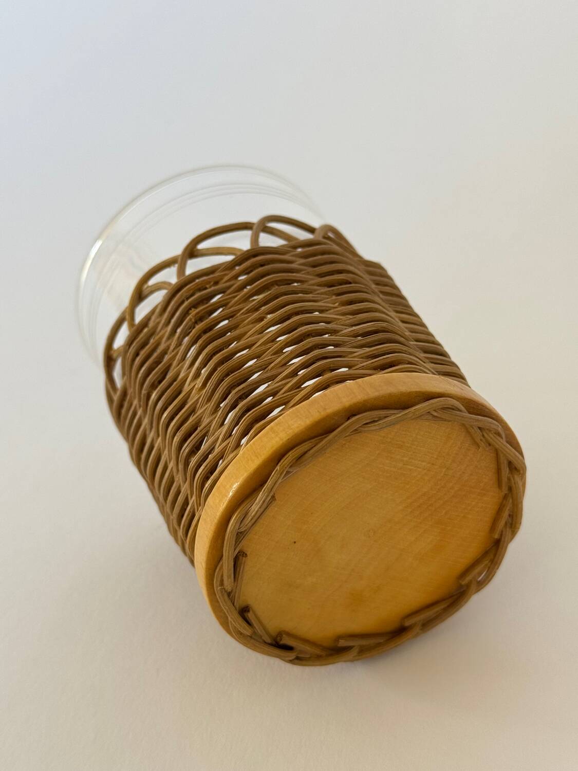Set of 4 Vintage Set Schott Mainz Clear Glasses With Wicker Cup Holder