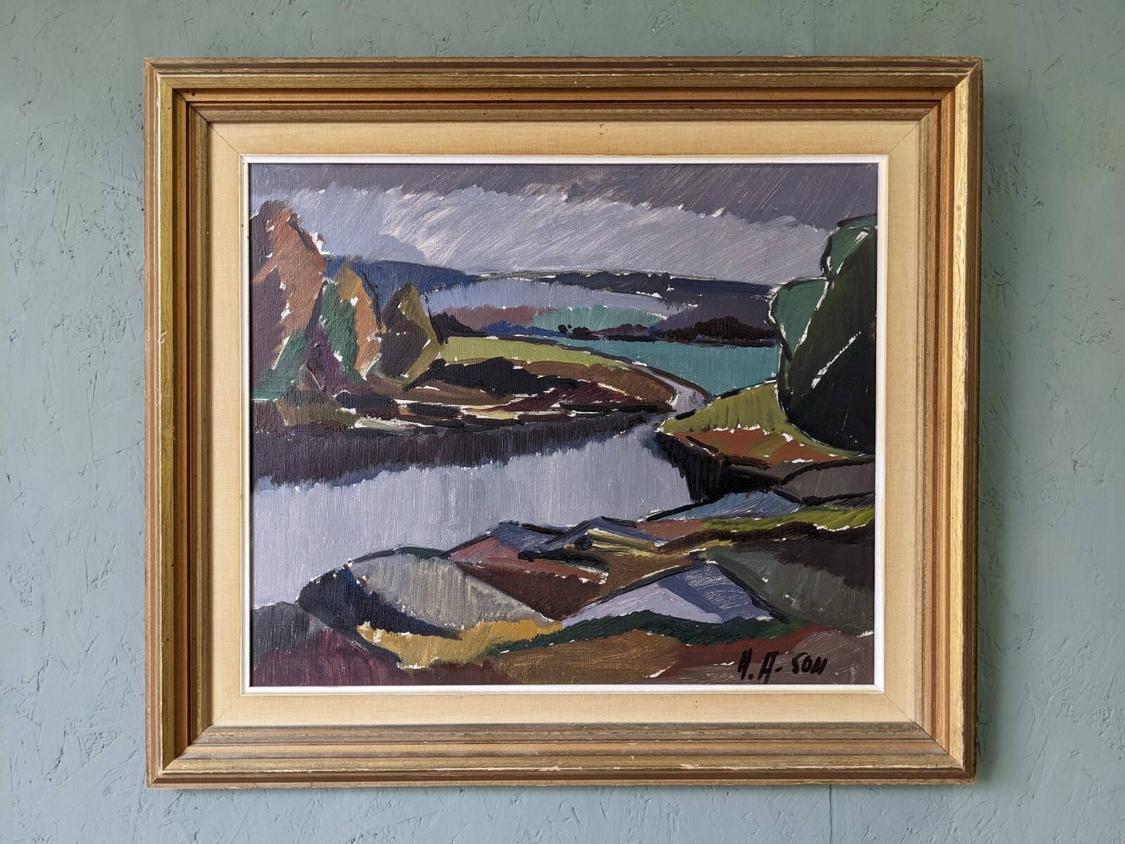 Mid-Century Modern "Meander" Vintage Expressionist River Landscape Oil Painting, Framed