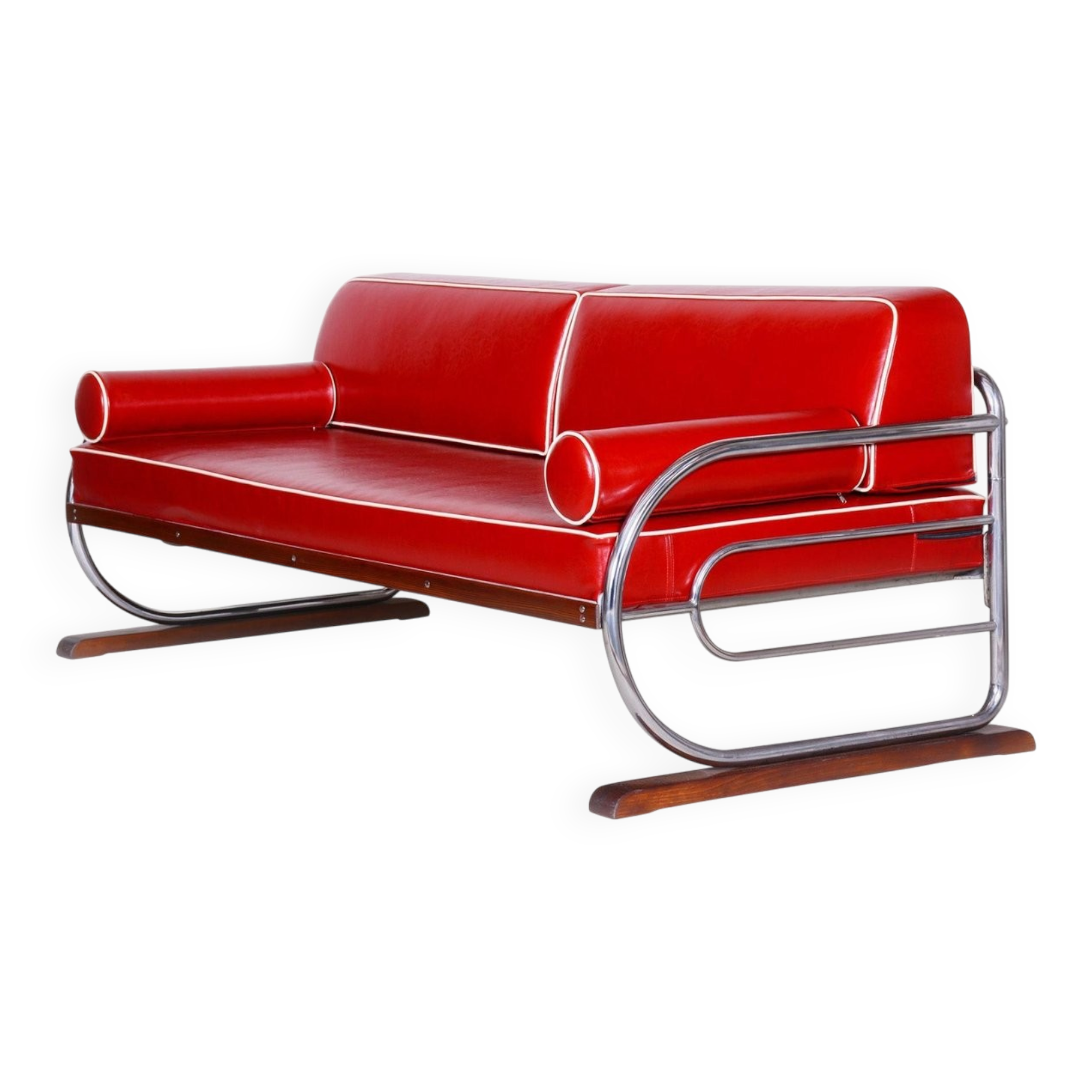 Bauhaus Red Tubular Chromed Steel Sofa by Robert Slezák, 1930s