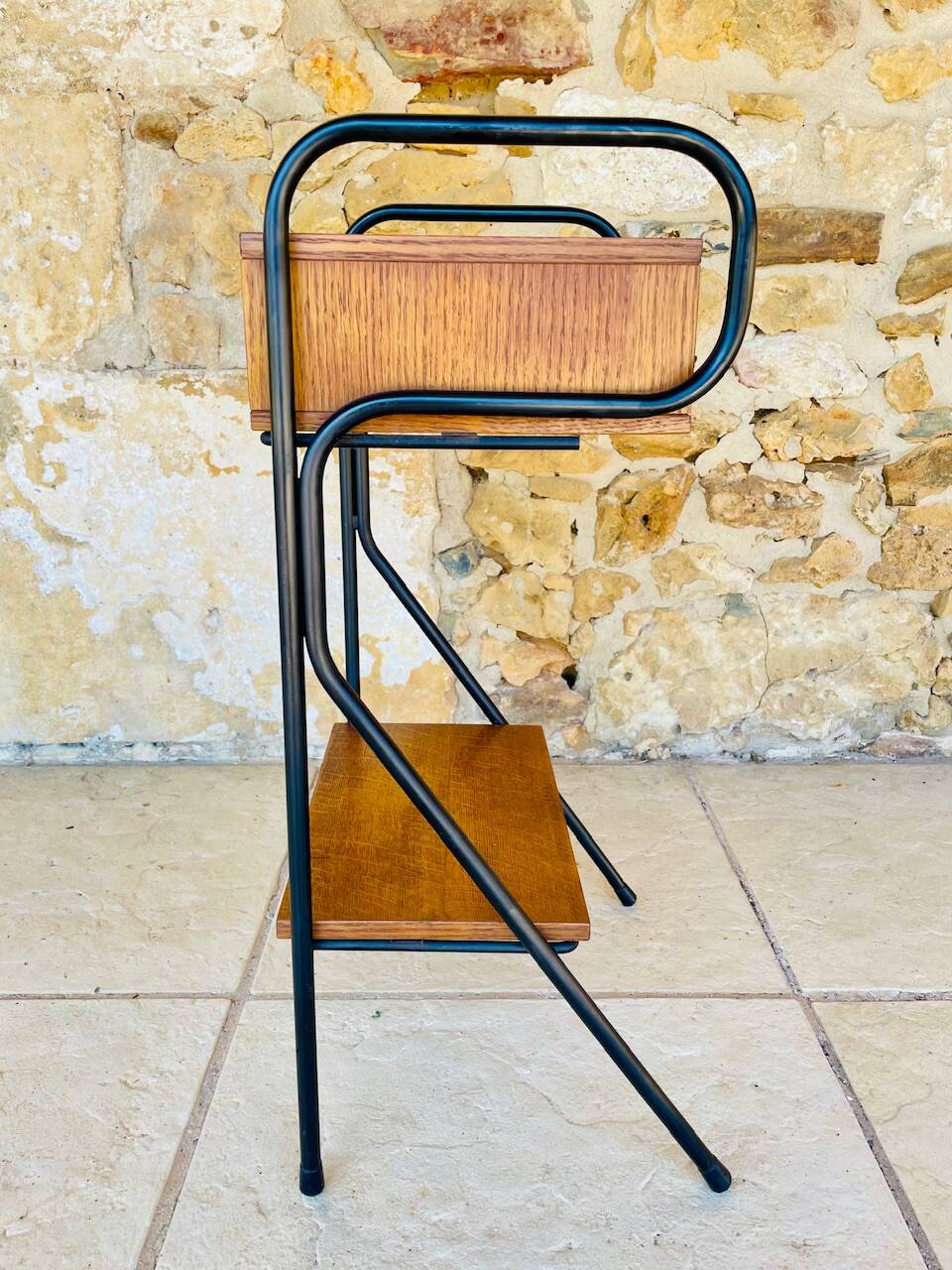 Vintage oak bedside table with black metal legs circa 50s/60s