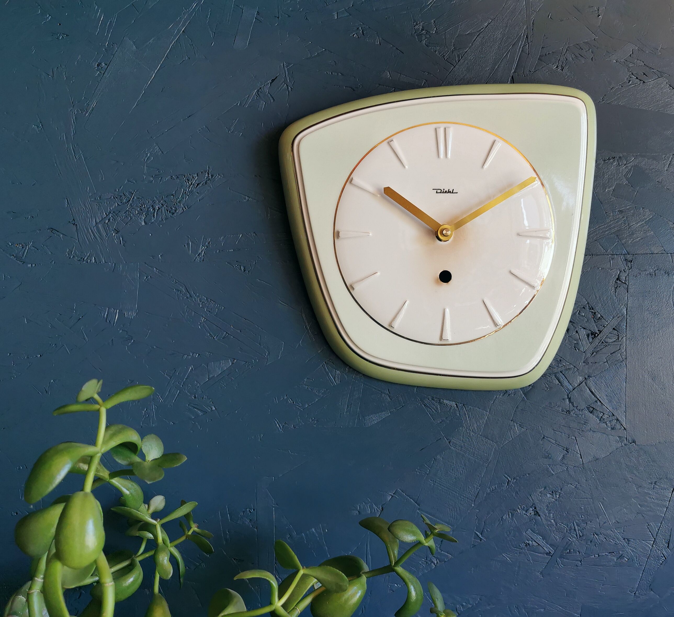 Vintage ceramic clock asymmetrical silent wall clock "Diehl golden green"