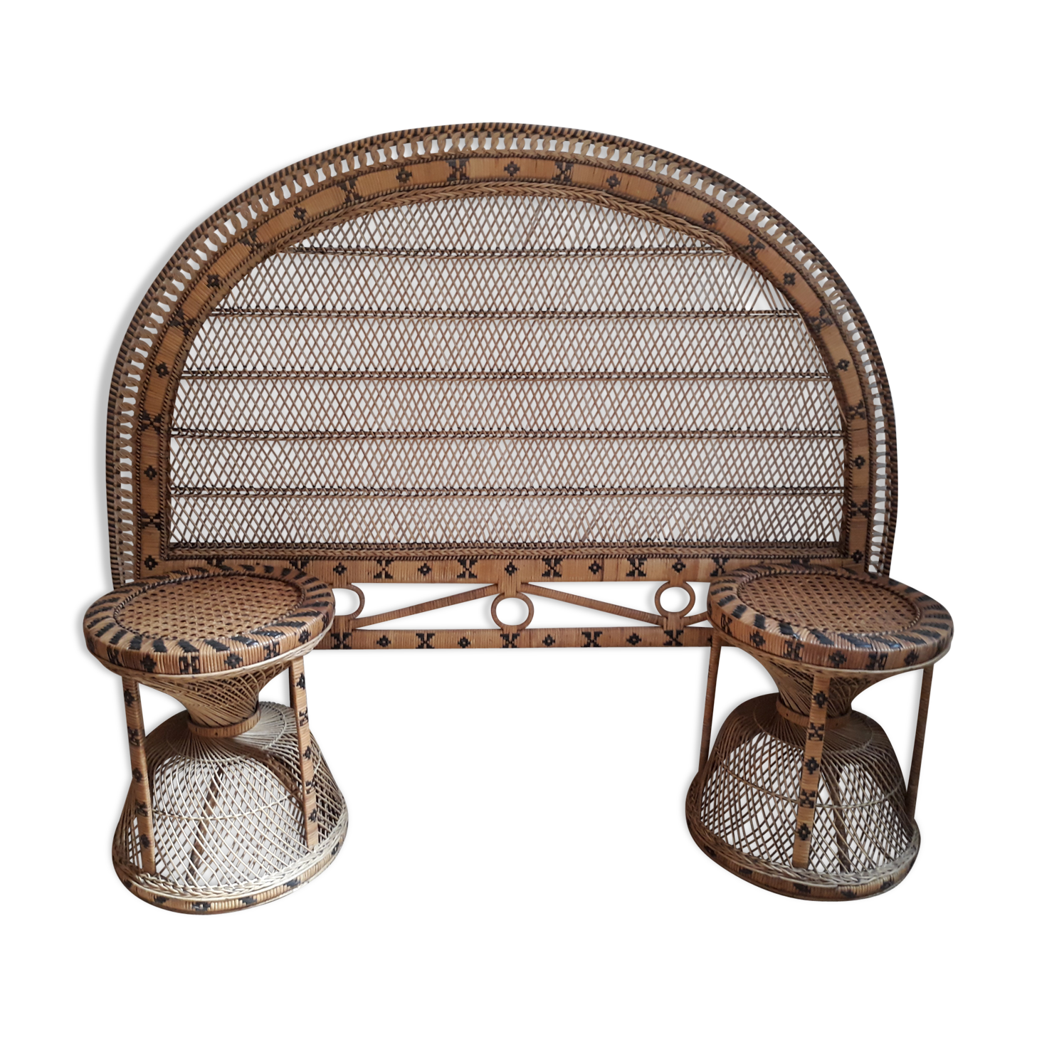 Headof and 2 vintage braided rattan bedside