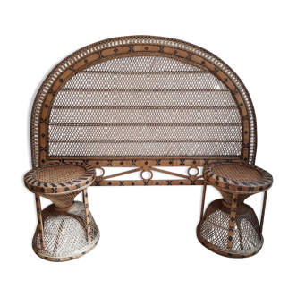 Headof and 2 vintage braided rattan bedside