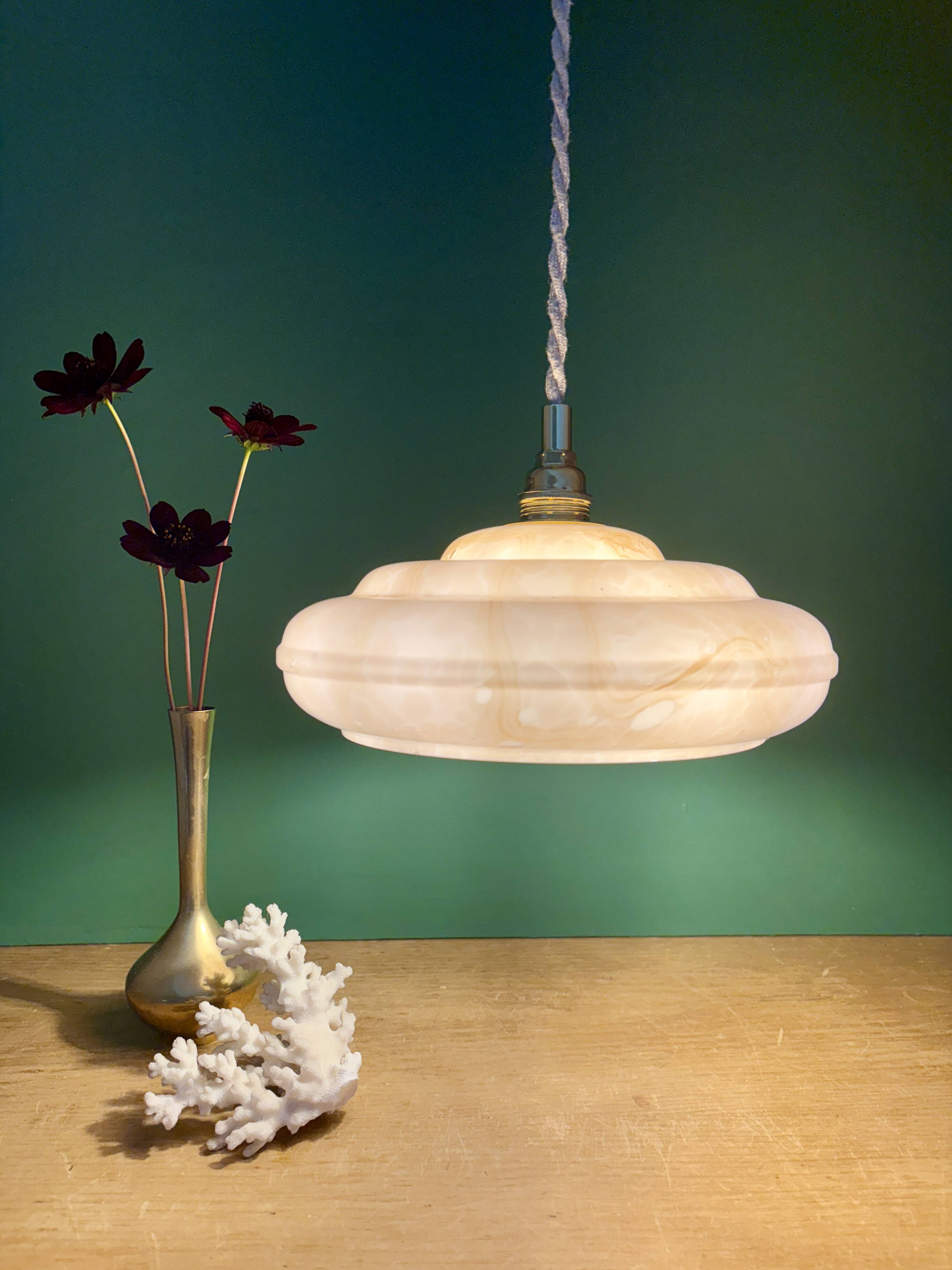 Vintage pink Clichy glass pendant lampshade with marbled effect