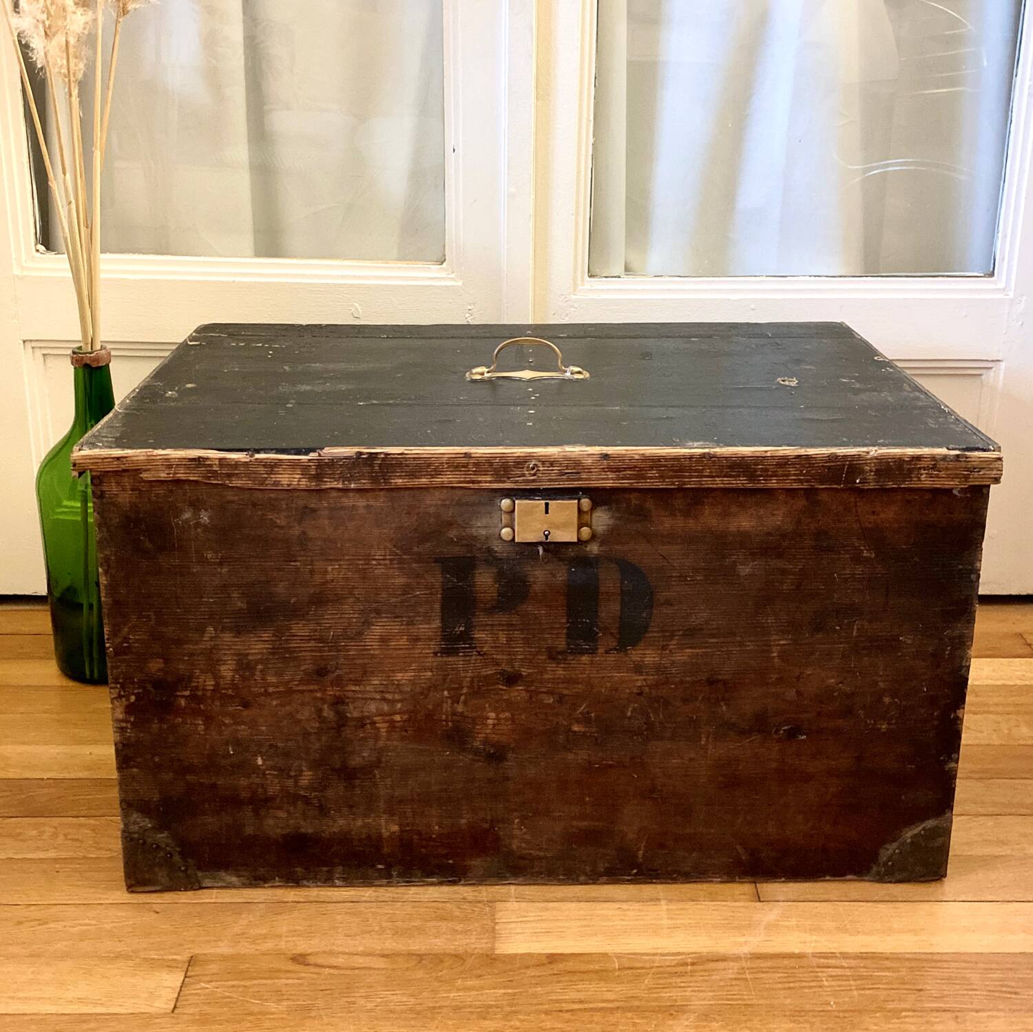 Old wooden trunk chest, vintage flat top