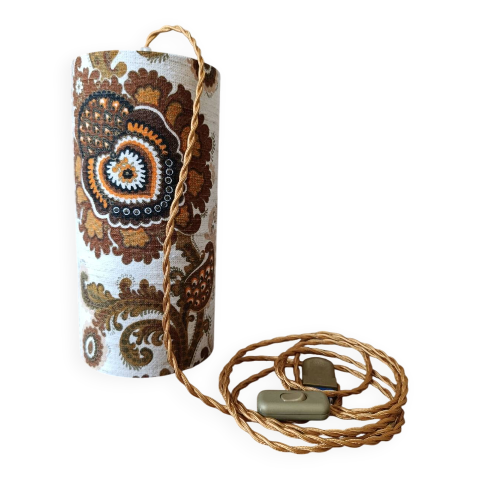 Vintage portable lamp with authentic seventies floral linen fabric.