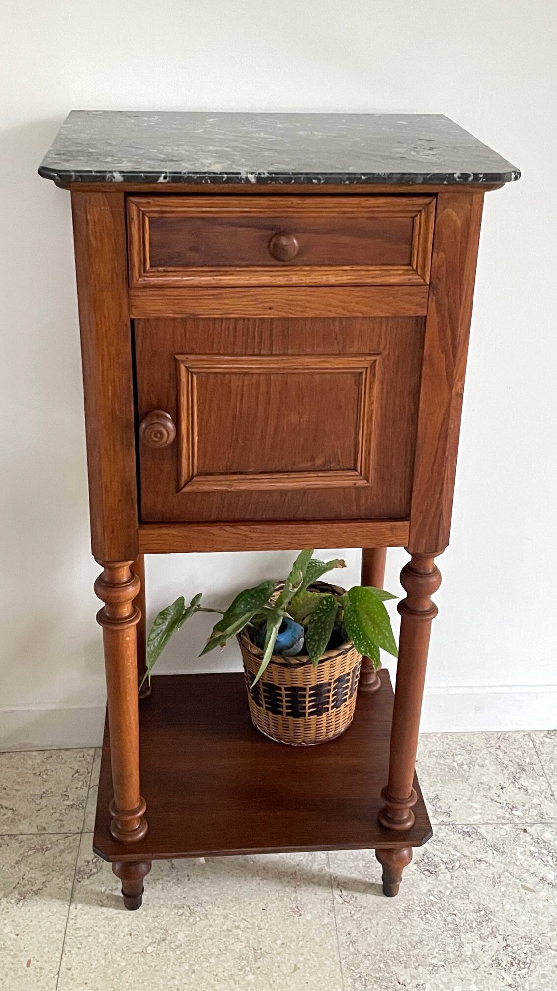Antique bedside table in wood and marble