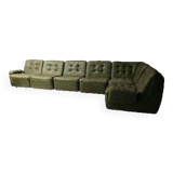 Patchwork olive green leather modular sofa set, 1970s