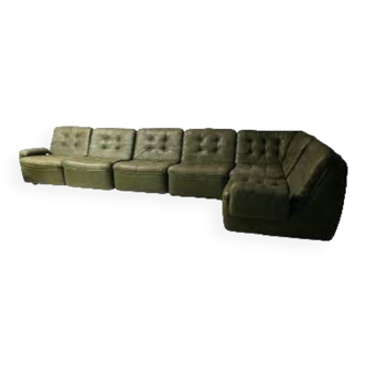 Patchwork olive green leather modular sofa set, 1970s