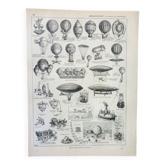 Engraving • Old hot air balloon, aerostation • Original and vintage lithograph from 1898