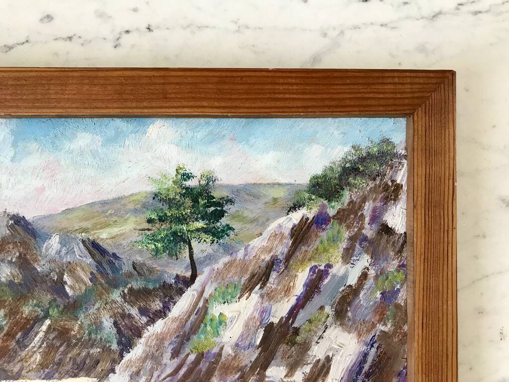 Oil painting on wood Janon valley landscape signed 1957
