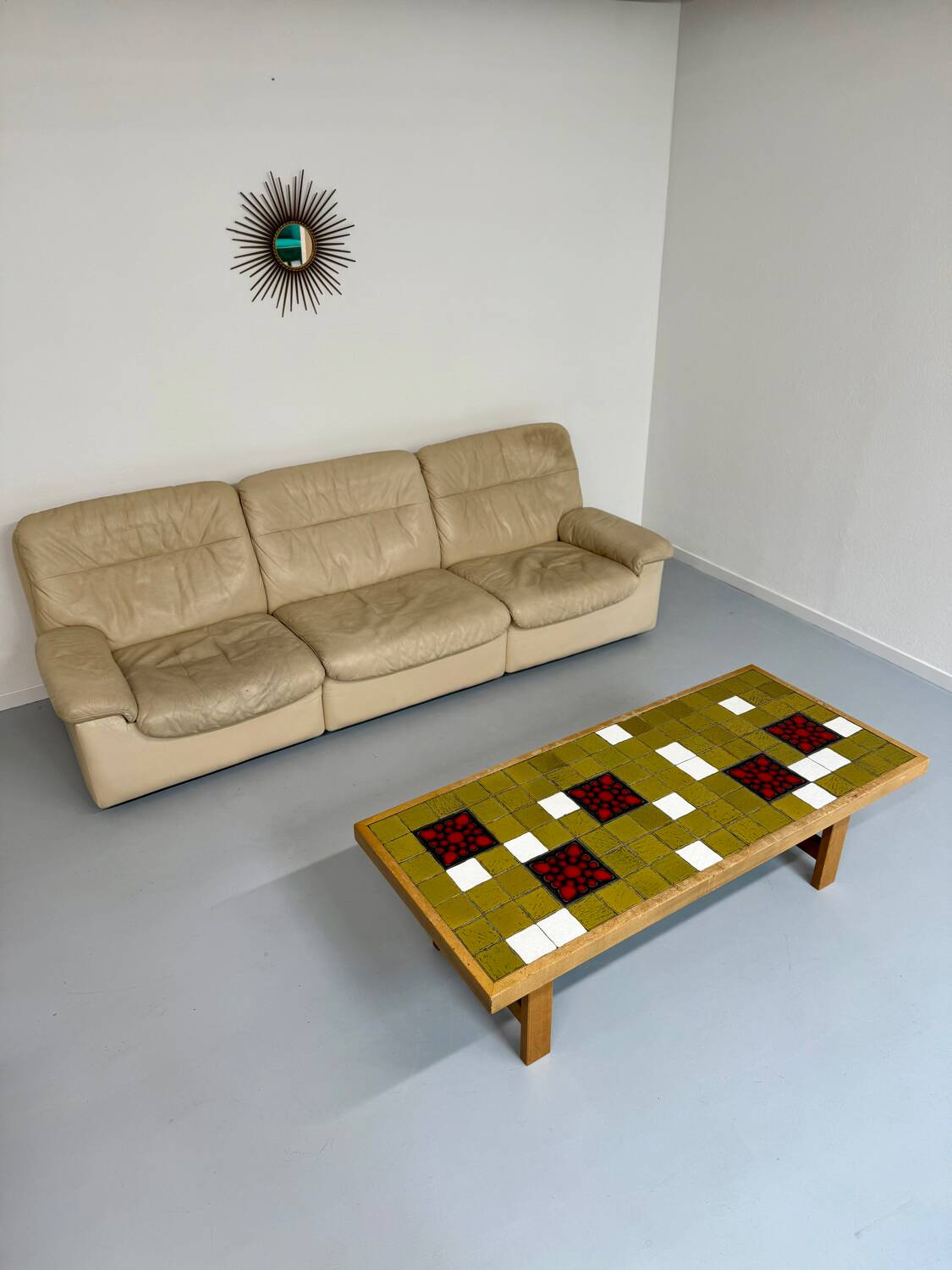 Old 3-seater beige leather sofa designed by Carl Larsson De Sede, vintage 80s