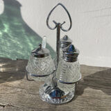 Silver-plated metal and glass salt and pepper shakers