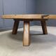 Large tripod round wooden brutalist coffee table, 1960s