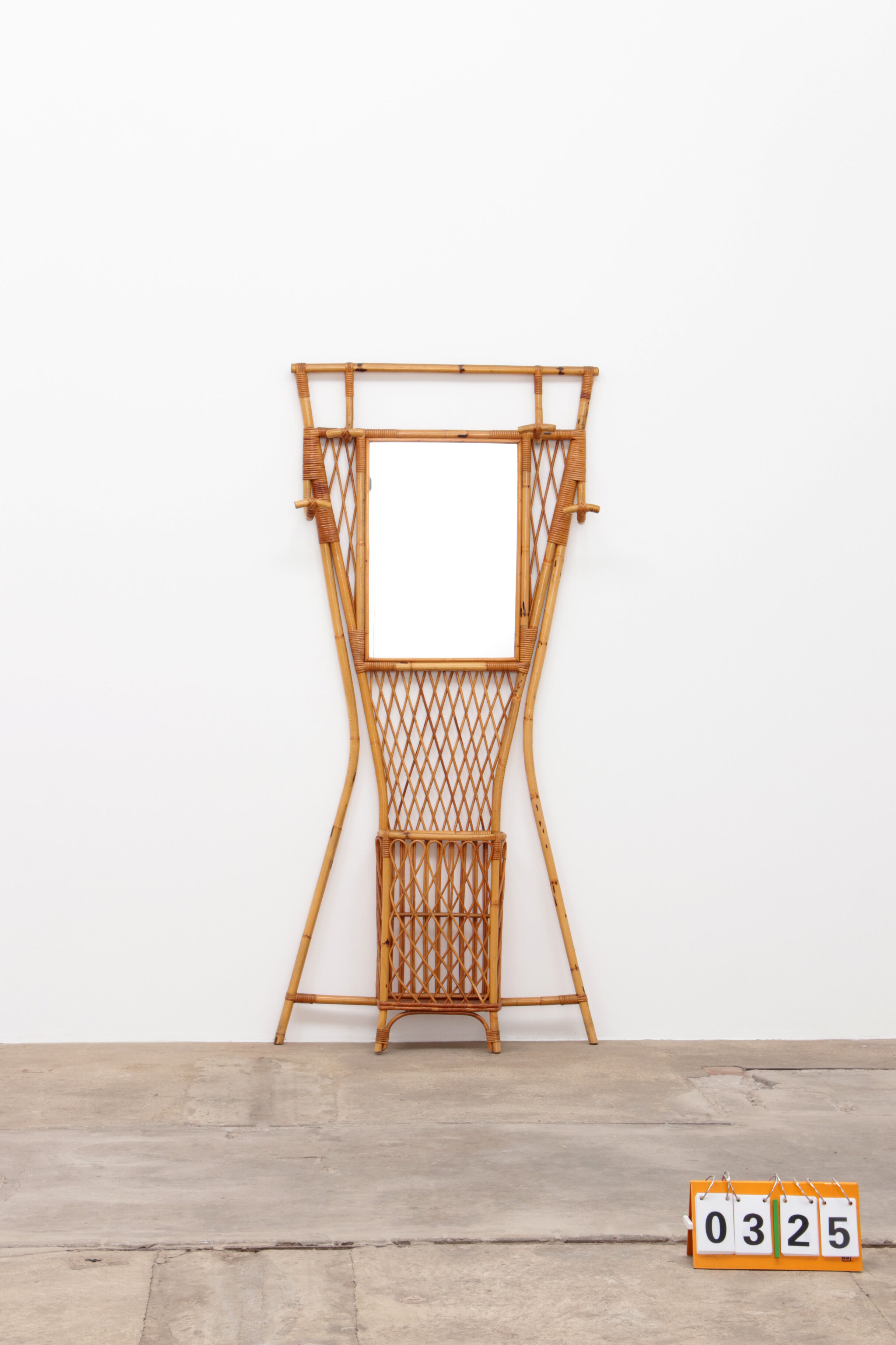 French Bamboo wall coat rack with large mirror, 1960