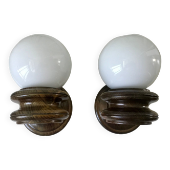 Pair of wall sconces in opaline and vintage wood 60s